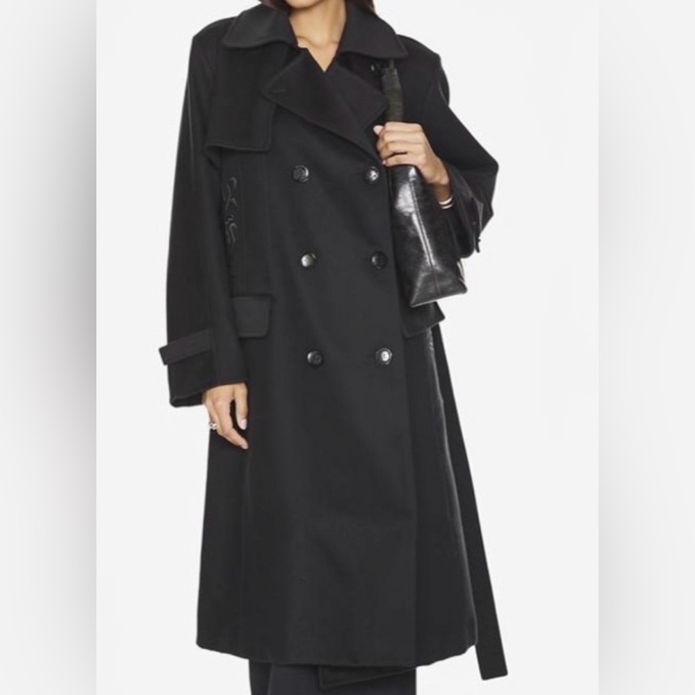 Vintage Italian Handcrafted Black Pure Wool Embroidered Trench Coat
